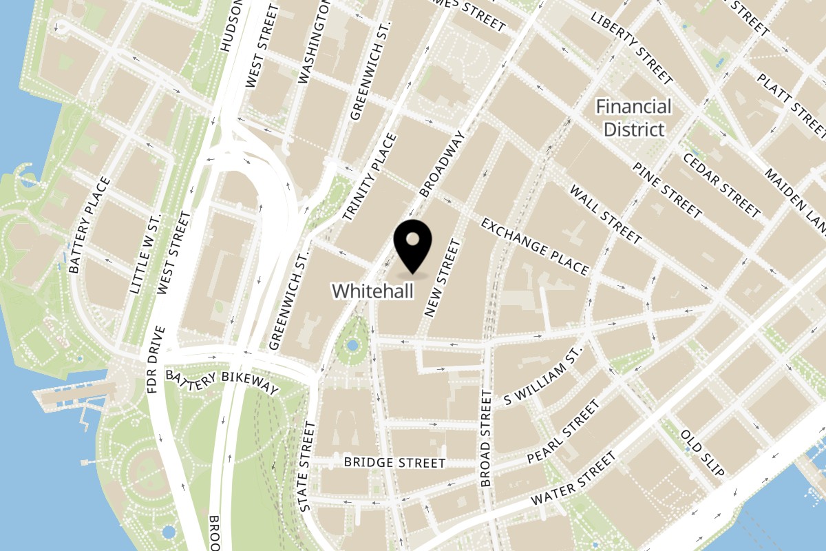 Map showing the location of Abitino's Pizza Financial District on 32 Broadway in New York